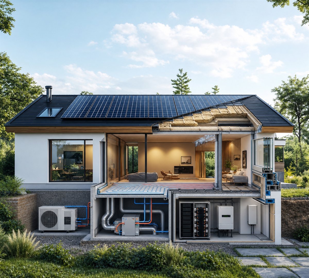 Sección técnica de una vivienda eficiente con sistemas energéticos
