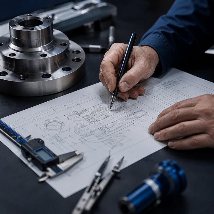 Ingeniero revisando documentación y una pieza mecánica